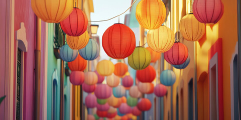 Poster - Colorful paper lanterns hang in a vibrant alleyway, creating a festive and cheerful atmosphere, showcasing a joyful and celebratory concept