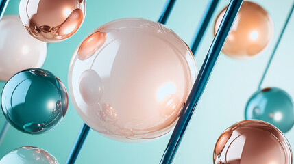 Poster - Abstract image of glossy spheres in teal, rose gold, and off-white, suspended on teal rods against a teal background.  Showcase of colors and textures, ideal for modern design