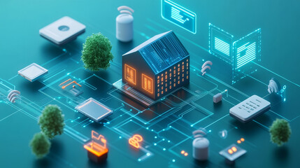 Poster - Artificial intelligence and wireless technology. Global digital network. Internet data security. 3d illustration of polygonal objects with elements of HUD