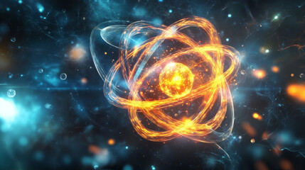 Poster - atom. 3d illustration of an atomic reactor. bbasis of universe. study of structure of universe. hadr