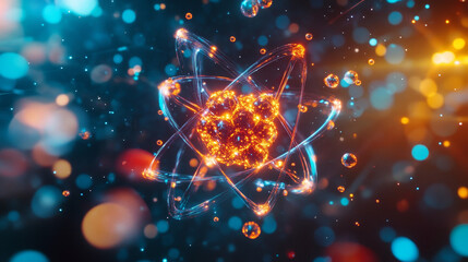 Poster - atom. 3d illustration of an atomic reactor. bbasis of universe. study of structure of universe. hadr