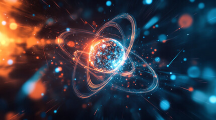 Poster - atom. 3d illustration of an atomic reactor. bbasis of universe. study of structure of universe. hadr