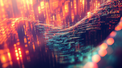 Poster - Coding synthetic DNA helix. Nanotechnology and medical research. Stream of binary code in cyberspace. High tech digital network 3D illustration