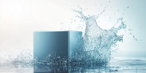 Fototapete - Blue cube in water splash, clean and refreshing concept, ideal for product showcase or advertisement, mockup design