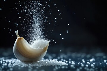 Poster - Garlic clove surrounded by falling granules of sugar creating a striking contrast in a dark setting