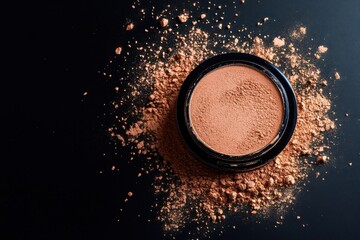 Poster - Makeup powder container with loose powder spread on a dark surface during a makeup application session