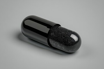 Fototapete - Black capsule with glossy exterior and textured interior resting on a neutral background, showcasing unique design and texture