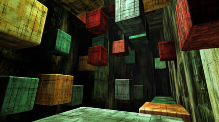 Poster - abstract geometric composition. volumetric cubes on a light background. data blocks moved in cybersp