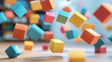 Poster - Abstract geometric composition. Volumetric cubes on a light background. Data blocks moved in cyberspace. 3D illustration with motion effect.