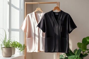 Poster - Two stylish loungewear tops displayed on wooden hangers in a bright, serene indoor setting featuring natural light