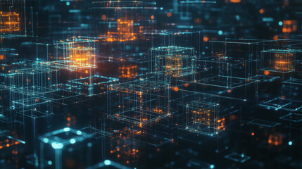 Poster - futuristic science and technology concept background.3d illustration.cubes connected in dark space. 