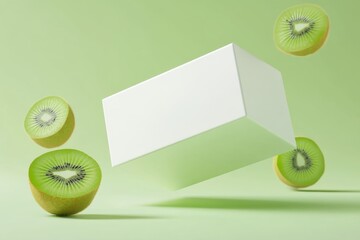 Aufkleber - Kiwi fruit and a floating white box create a playful composition on a green background