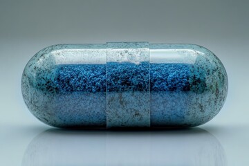 Poster - Unique close-up view of a blue capsule filled with vibrant granules on a reflective surface in a minimalistic setting