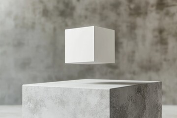 Aufkleber - Floating white cube above concrete pedestal in minimalist space creating a modern artistic vibe