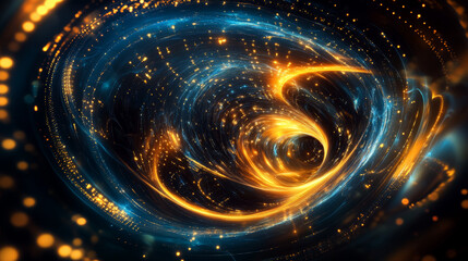 Poster - Hi-tech, sci-fi 3D illustration Abstract musical beat. Sound wave in field of big data particles. Dancing dots of a neural network in a nanotechnology cyberspace project. Bokeh and bright LED flashes