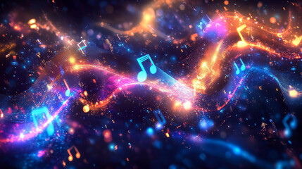 Poster - Hi-tech, sci-fi 3D illustration Abstract musical beat. Sound wave in field of big data particles. Dancing dots of a neural network in a nanotechnology cyberspace project. Bokeh and bright LED flashes
