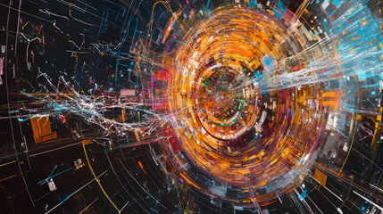 Fototapete - information blocks in the data stream. big data concept. quantum computer. nanotechnology of the fut