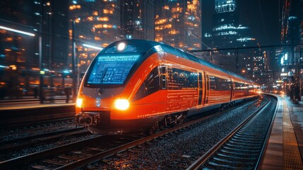 Leinwandbilder - An autonomous train glides through the city at night, showcasing advanced transportation technology amidst stunning urban lighting and infrastructure.