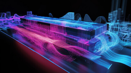 Fototapete - quantum flow of information. strings, beams of digital flow. cpu, processor and data loop. tension, 