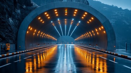 Aufkleber - A modern tunnel designed for enhanced mobility features advanced lighting and reflective wet surfaces, emphasizing innovative automation and connectivity solutions for smarter transportation.