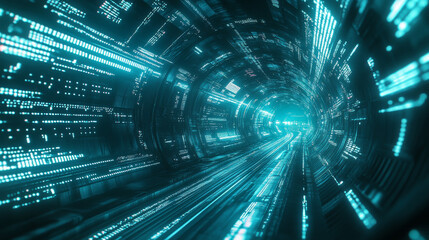 Poster - Data flow, high-speed tunnel, flight in cyberspace 3D illustration, wireless network and future technologies