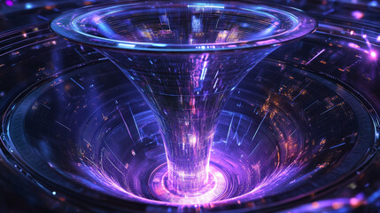 Poster - Information field, data flow. Blockchain storage, server, high speed internet. Big data transfer. Data center, database. 3d illustration of abstract linear funnels