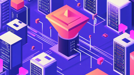 Poster - Information field, data flow. Blockchain storage, server, high speed internet. Big data transfer. Data center, database. 3d illustration of abstract linear funnels