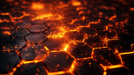 Fototapete - Futuristic background consisting of flaming hexagons arranged on a plane. Conceptual 3D illustration on the topic of cyberspace. Protection and data transfer using Block Chaine technology