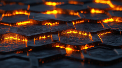 Fototapete - Futuristic background consisting of flaming hexagons arranged on a plane. Conceptual 3D illustration on the topic of cyberspace. Protection and data transfer using Block Chaine technology