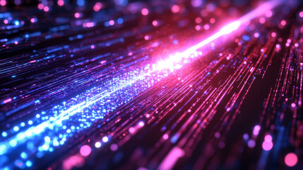 Poster - Fantastic technologies of future megalopolis. Quantum computer. Transmission of global data across cyberspace bridge. 3D illustration of information blocks connected by a laser beam