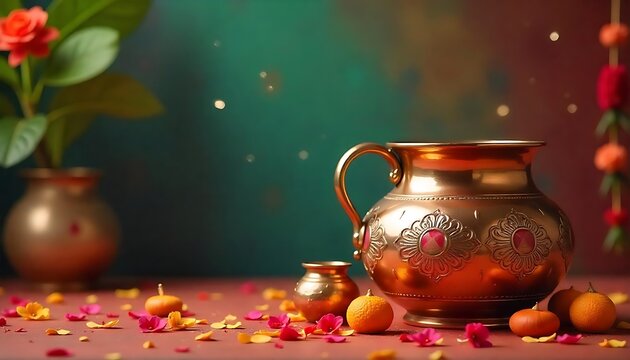 gudi padwa celebration background with copper pot and decoration created with generative ai
