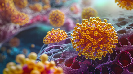 Poster - Cybertech and medicine of future. Nanotechnology in Microbiology. Molecular structure, laboratory research. Molecule, lattice, cell, atom 3D illustration