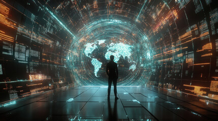 Poster - Technologies of the future. Information funnel. Global network. Polygonal light grid. 3D portal illustration with shallow depth of field