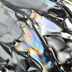 Poster - Abstract iridescent surface, featuring a play of light and color reflecting on a crumpled foil-like surface. The surface appears both metallic and fluid, creating a dynamic and eye-catching effect. 