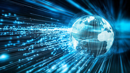 Poster - Digital technologies of future. Transmission and storage of data in global cyberspace. Encrypted data stream over fiber optic cable. 3D illustration of abstract space architecture