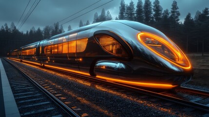 Leinwandbilder - A futuristic smarttrain glows with bright orange lights as it stands on the railway tracks surrounded by dense trees at dusk, emphasizing modern automation in transportation infrastructure.
