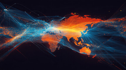 Poster - Logistics of global communications. World globalization and digital data exchange. 3D illustration map of continents in cyber style of Internet space. Big data of global corporations
