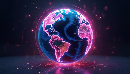 Aufkleber - Vibrant neon illustration Earth globe. Artistic representation global connectivity digital innovation. Bright futuristic cyber network cyberspace light abstract art modern aglow energy. Tech concept
