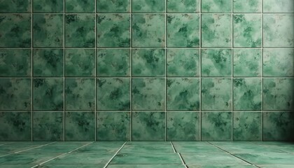 Aufkleber - Green tiled wall, floor design with square pattern. Texture features rough surface, vintage style. Modern bathroom interior, brick wall texture. Retro graphic art, mosaic, construction concept.