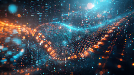 Poster - Emotion of musical sounds and vibration of strings. Digital mind concept. Abstract cybersynthetics 3D illustration. Funnel, whirlpool, big data flow. High-tech analytics and business strategy