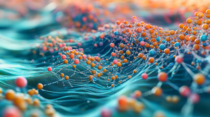 Poster - Nanotechnology in modern science. Future technologies in study of structure of nanomaterials. 3D illustration of atomic grid on a high-tech background