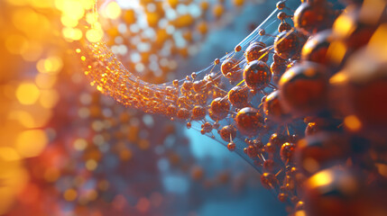 Poster - Nanotechnology in modern science. Future technologies in study of structure of nanomaterials. 3D illustration of atomic grid on a high-tech background