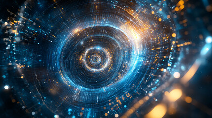 Poster - Atomic structure. Futuristic concept on the topic of nanotechnology in science. The nucleus of an atom surrounded by electrons on a technological background