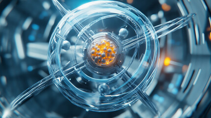 Poster - Atomic structure. Futuristic concept on the topic of nanotechnology in science. The nucleus of an atom surrounded by electrons on a technological background