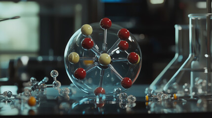Poster - Atom, structure and research. Artificial intelligence and scientific discoveries. 3D illustration of a nanostructured core. Digitalization of science. Physics and hi-tech