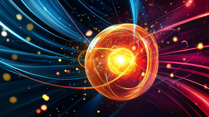 Poster - Creation of artificial intelligence. Experiments with the hadronic collider. Investigation of the structure of an atom. 3D illustration of an innovative breakthrough in science