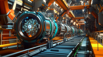 Poster - Creation of artificial intelligence. Experiments with the hadronic collider. Investigation of the structure of an atom. 3D illustration of an innovative breakthrough in science