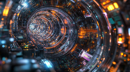 Poster - Creation of artificial intelligence. Experiments with the hadronic collider. Investigation of the structure of an atom. 3D illustration of an innovative breakthrough in science