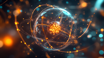 Poster - Creation of artificial intelligence. Experiments with the hadronic collider. Investigation of the structure of an atom. 3D illustration of an innovative breakthrough in science