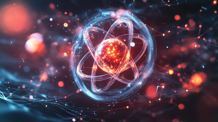 Poster - Creation of artificial intelligence. Experiments with the hadronic collider. Investigation of the structure of an atom. 3D illustration of an innovative breakthrough in science
